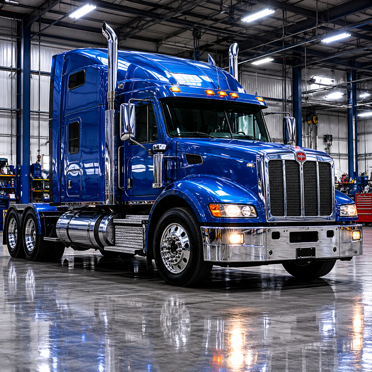 Blue commercial truck being serviced inside NorthPoint Truck Center garage