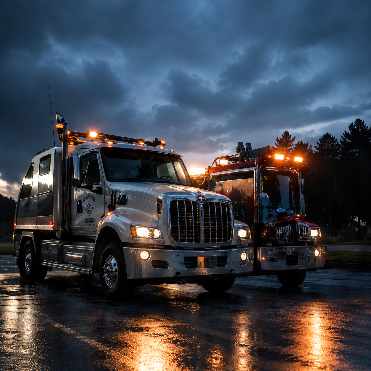 24/7 roadside assistance truck responding to a commercial vehicle breakdown at night